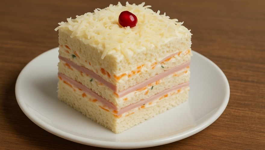 Šarena torta na tacnici na drvenom stolu.