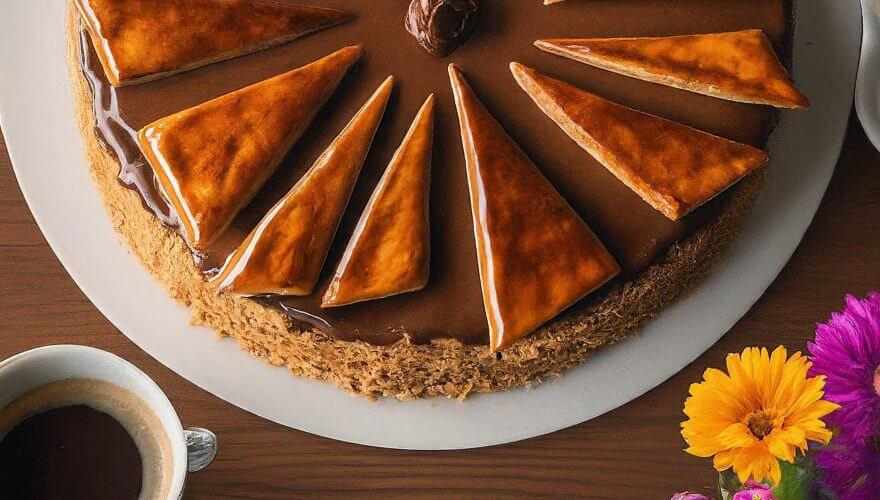 Poslužena torta uz šolju kafe i cveće na stolu.
