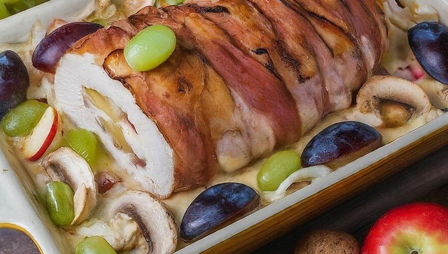  Rolada od ćuretine sa suvim šljivama, grožđem i jabukom, izrezan na kriške. 